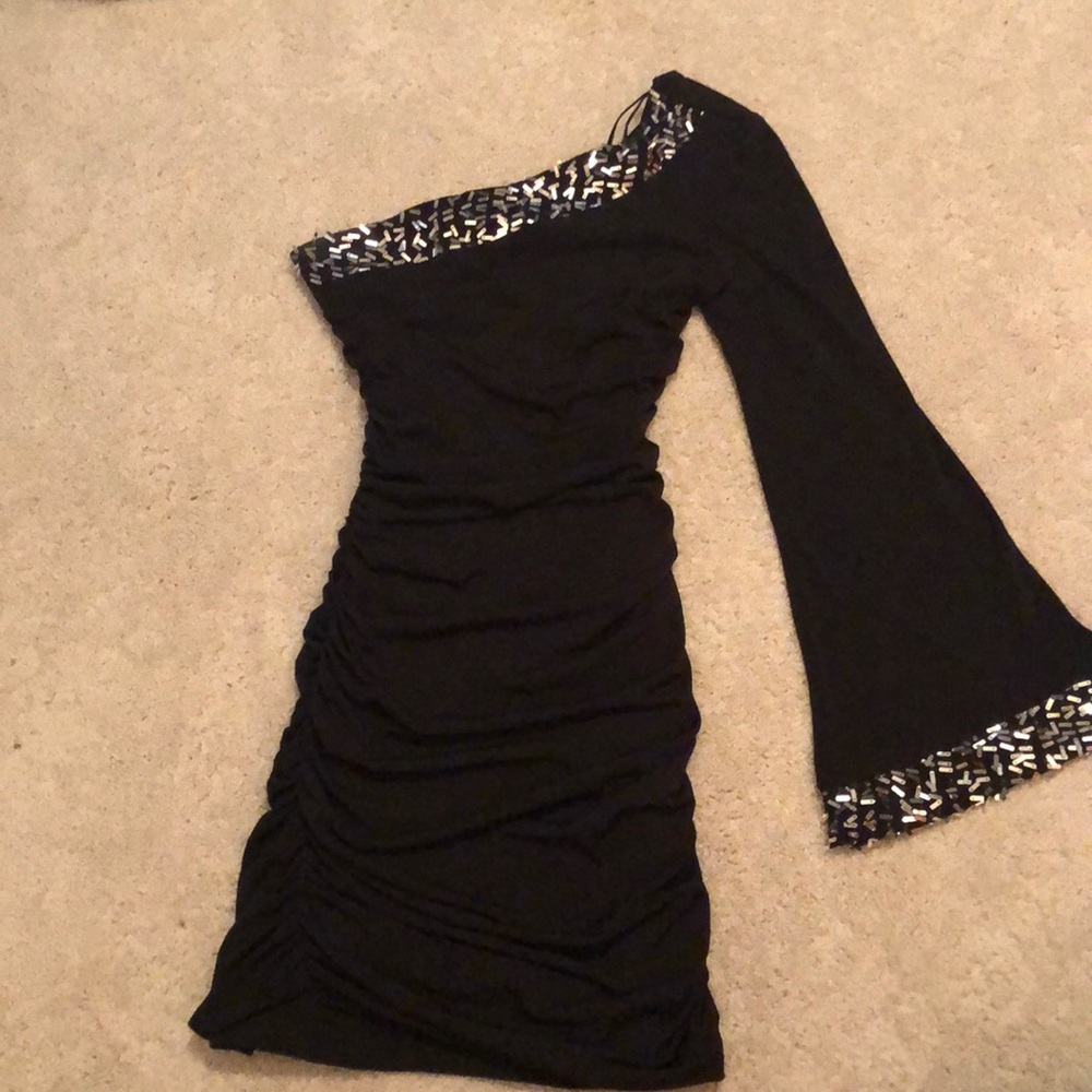 One shoulder black dress, 1 flare long sleeve, sequence great fit, worn once